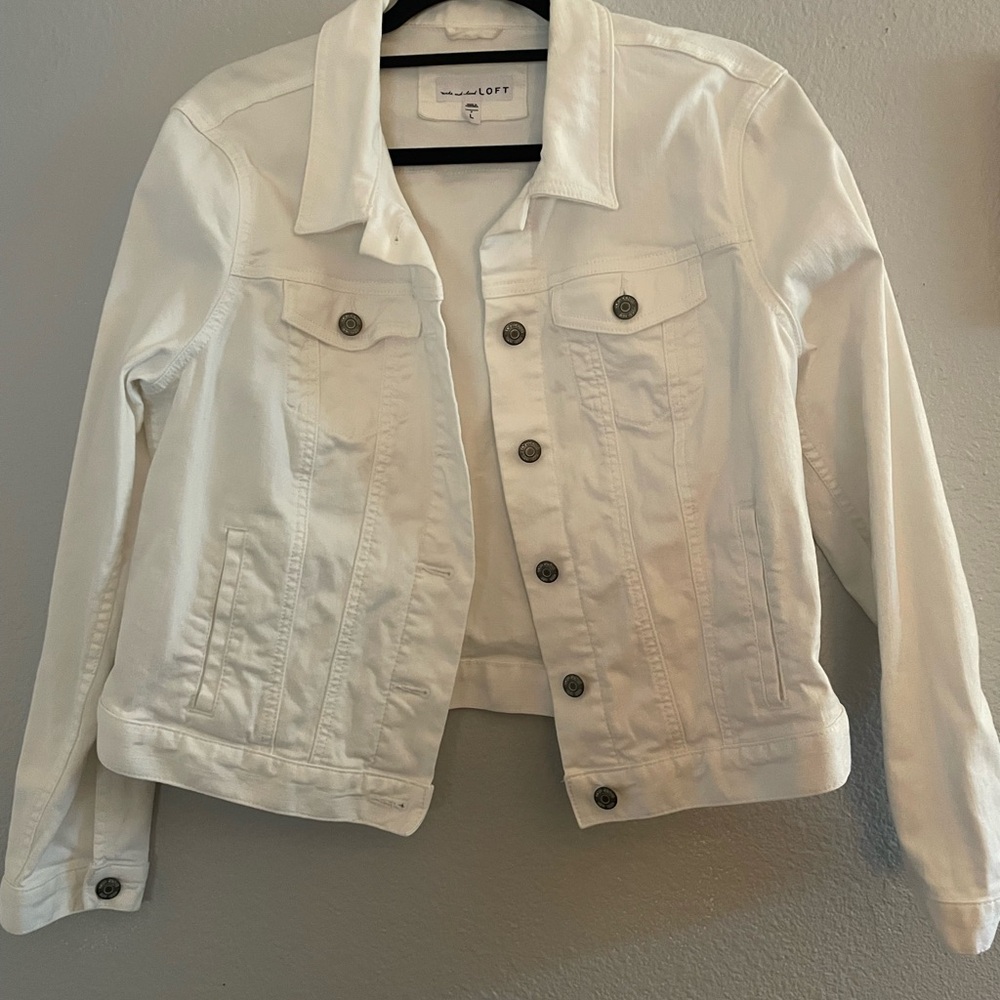 LOFT White Women's Denim Jacket with Button Front - Petite Large